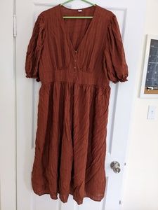 Fit and Flare Puff-Sleeve Dobby Midi Dress